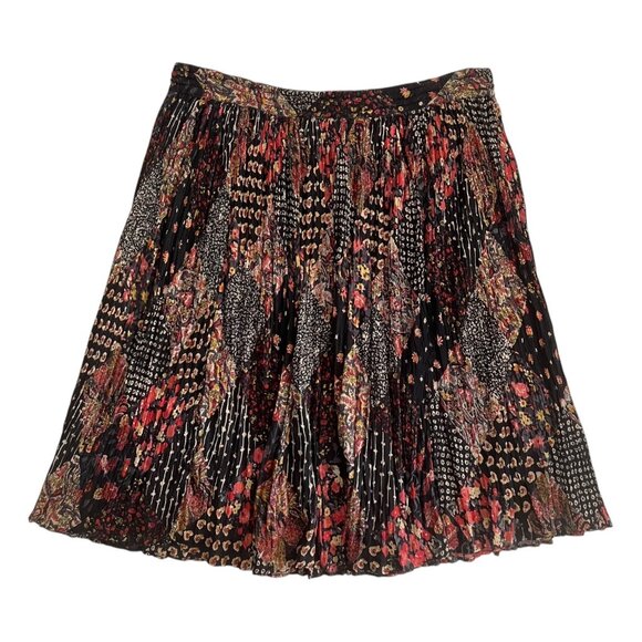 Vintage Boho Floral Patchwork Print Pleated Skirt Black Drawstring Hippie - Picture 2 of 7
